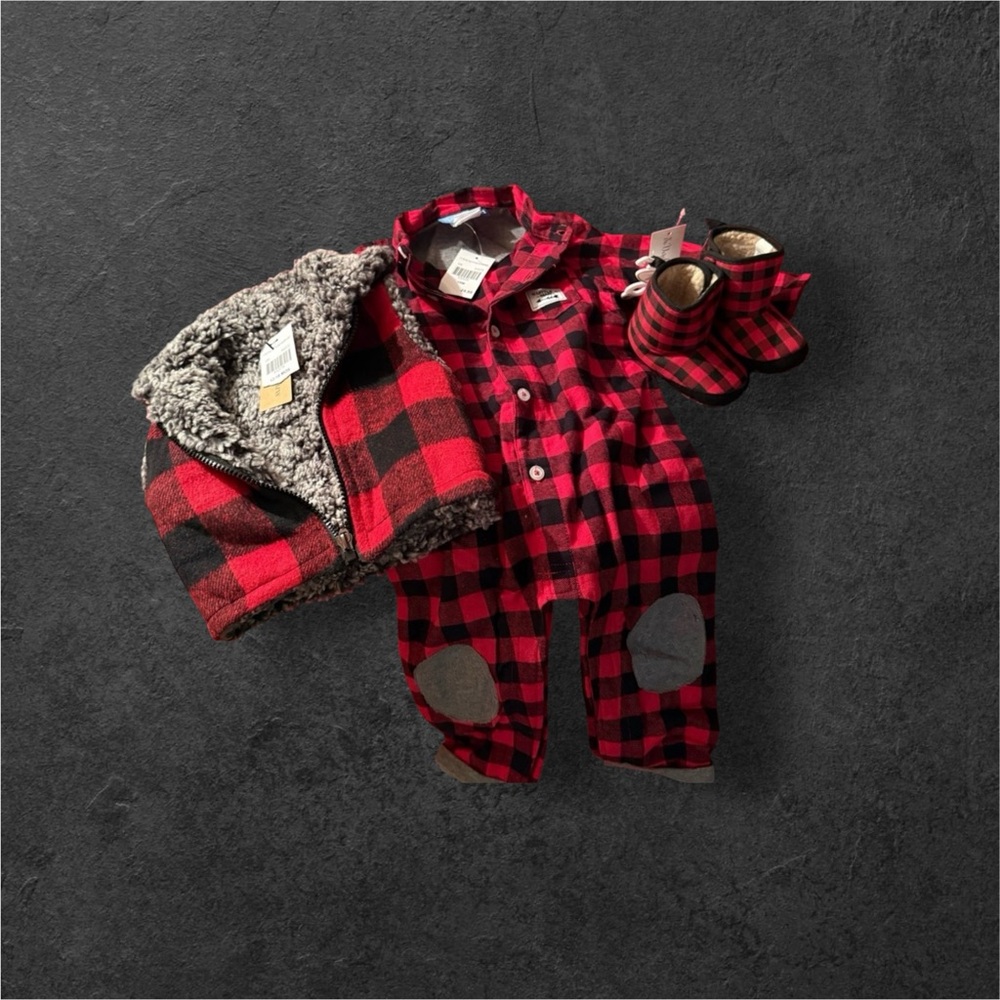 Buffalo Plaid Baby Set| 3-Piece Outfit Sherpa Vest + Footed Pajamas Booties NWT